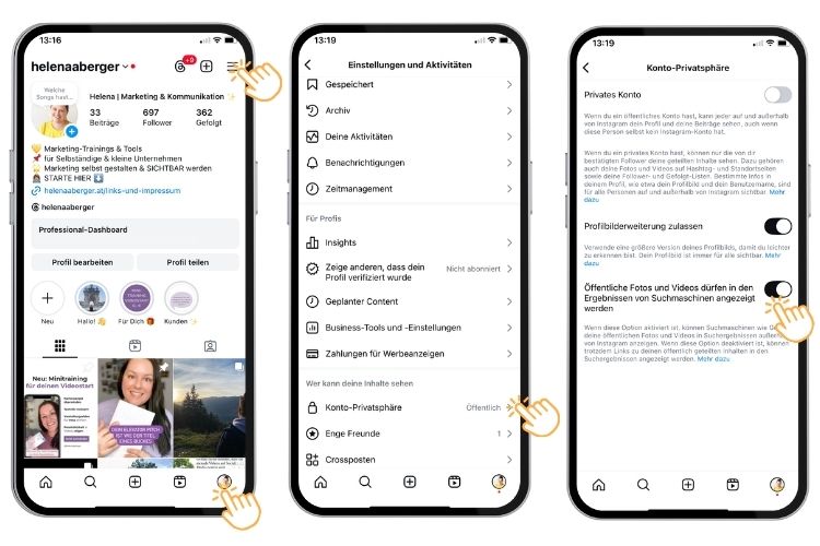Instagram Screenshot Beiträge öffentlich stellen