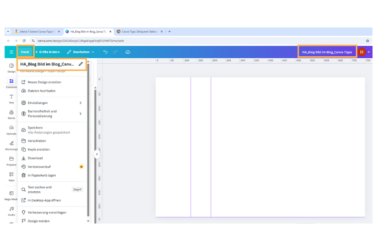 Screenshot Canva: Design benennen