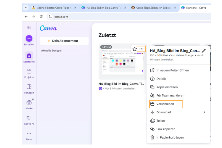 Screenshot Canva Design in Ordner legen